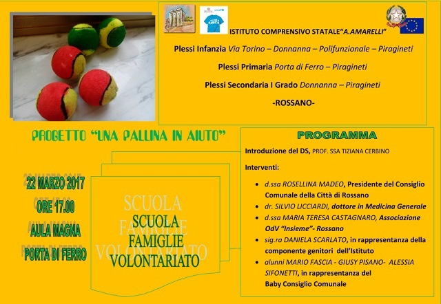 Domani presentazione del progetto: una pallina in aiuto presso lIstituto Comprensivo Alessandro Amarelli di Rossano